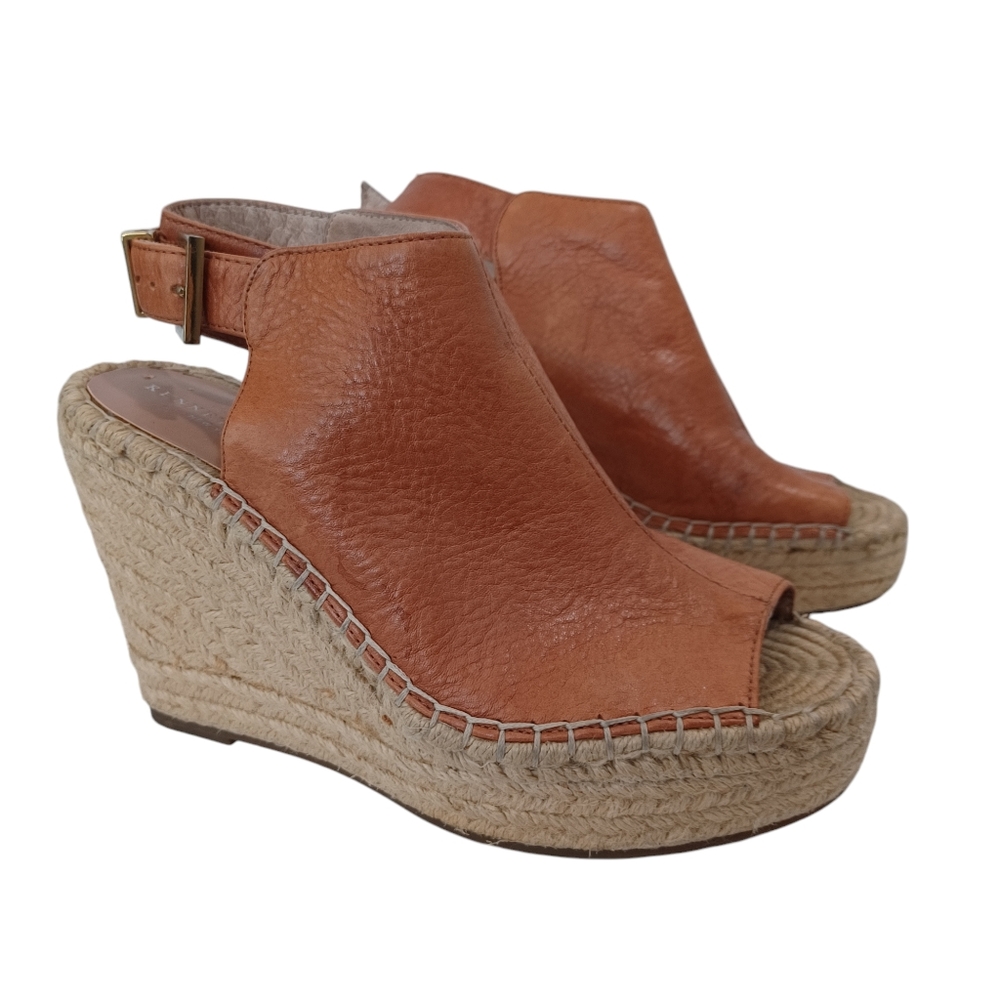 Kenneth Cole Leather Wedge Heels‎ Womens US 6.5 M Oliva Brown Slingback Open Toe
